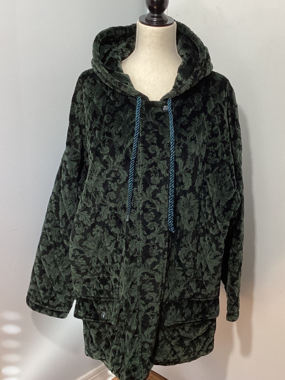 VTG JONES NEW YORK SPORT 3X QUILTED VELOUR HOODED JACKET COAT GREEN BLACK